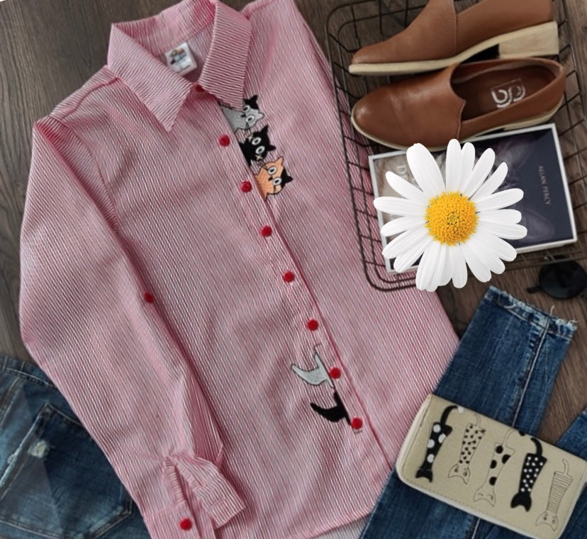 CAMISA DE MUJER DISEÑO BORDADO DE GATO