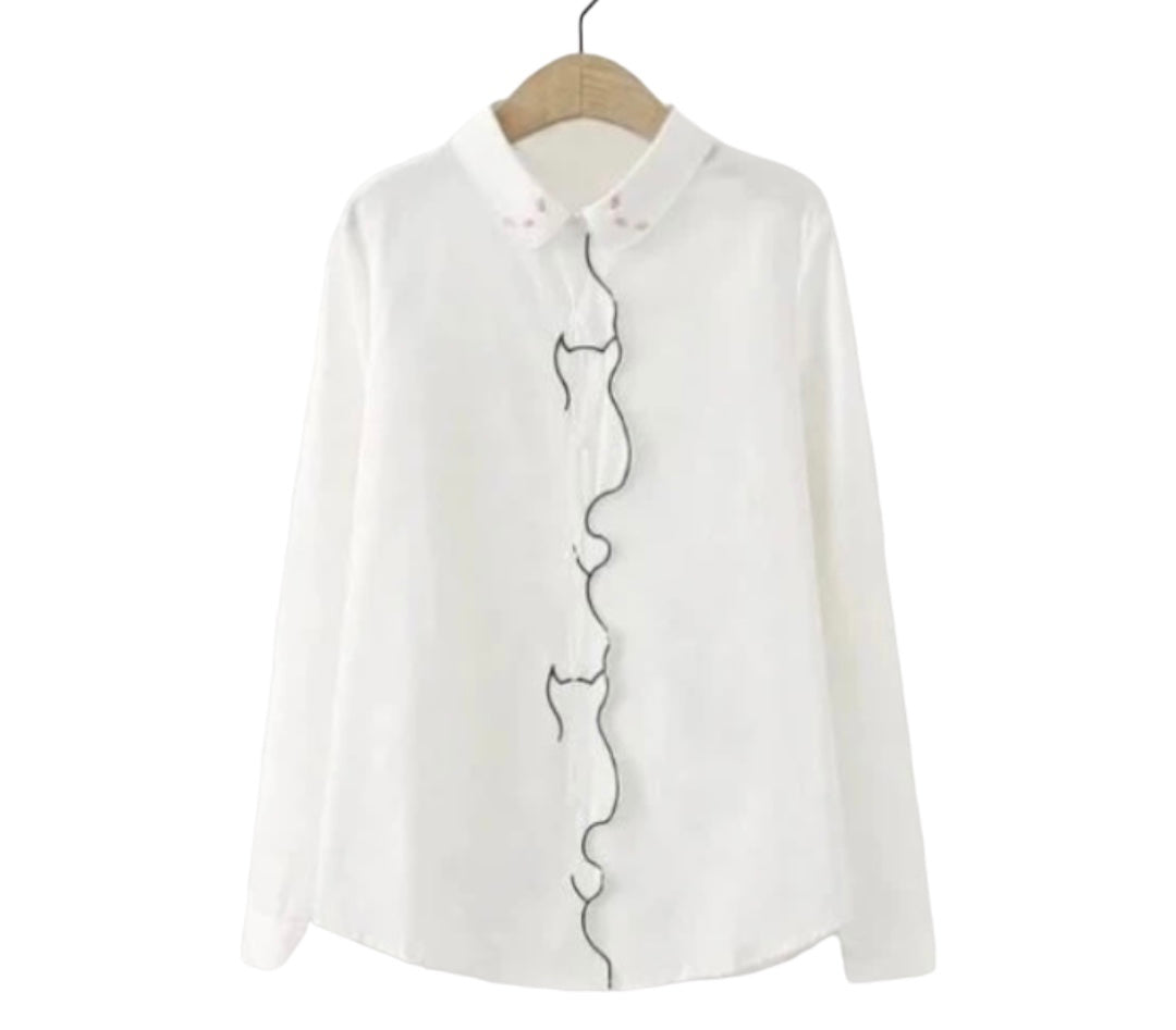 CAMISA DE MUJER SILUETA DE GATO BORDADO