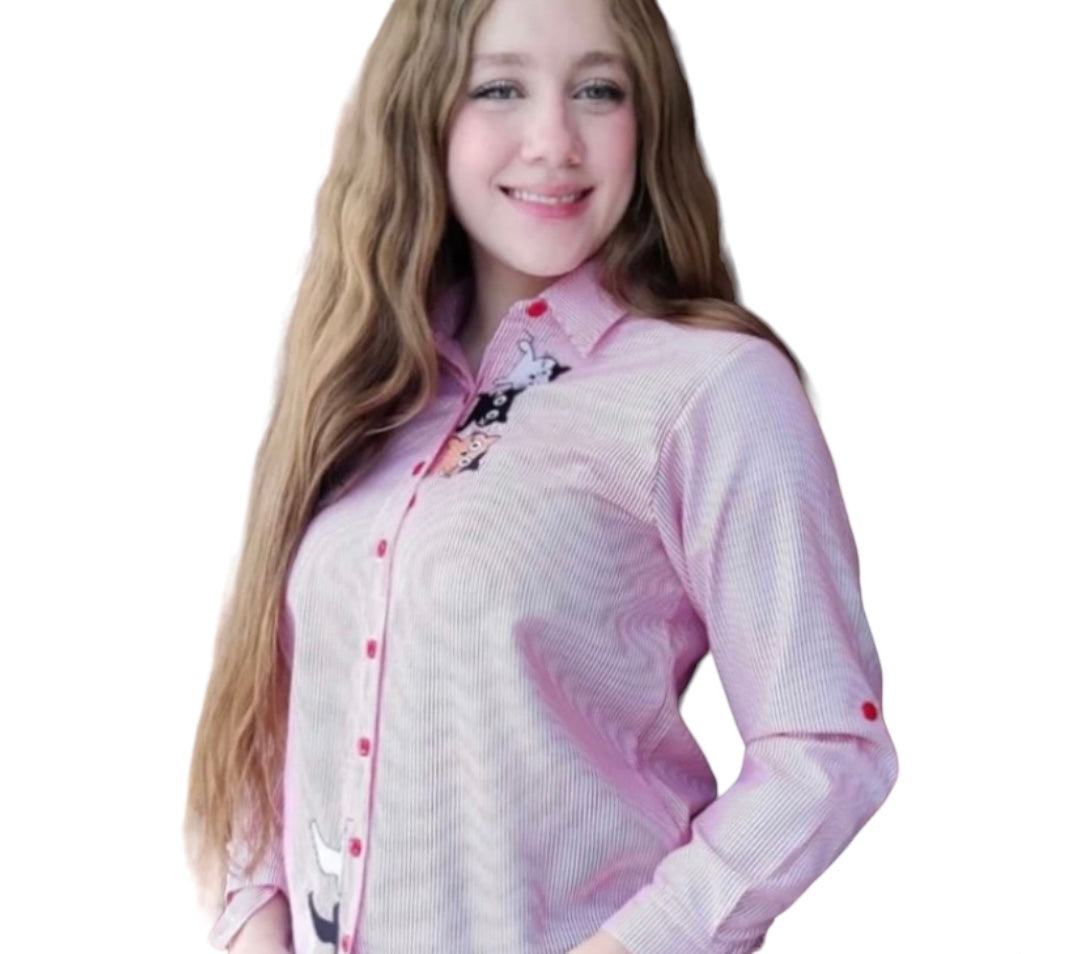 CAMISA DE MUJER DISEÑO BORDADO DE GATO